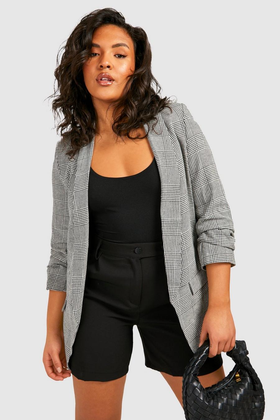 Grey grå Plus Ruched Dogtooth Prince of Wales Check Blazer