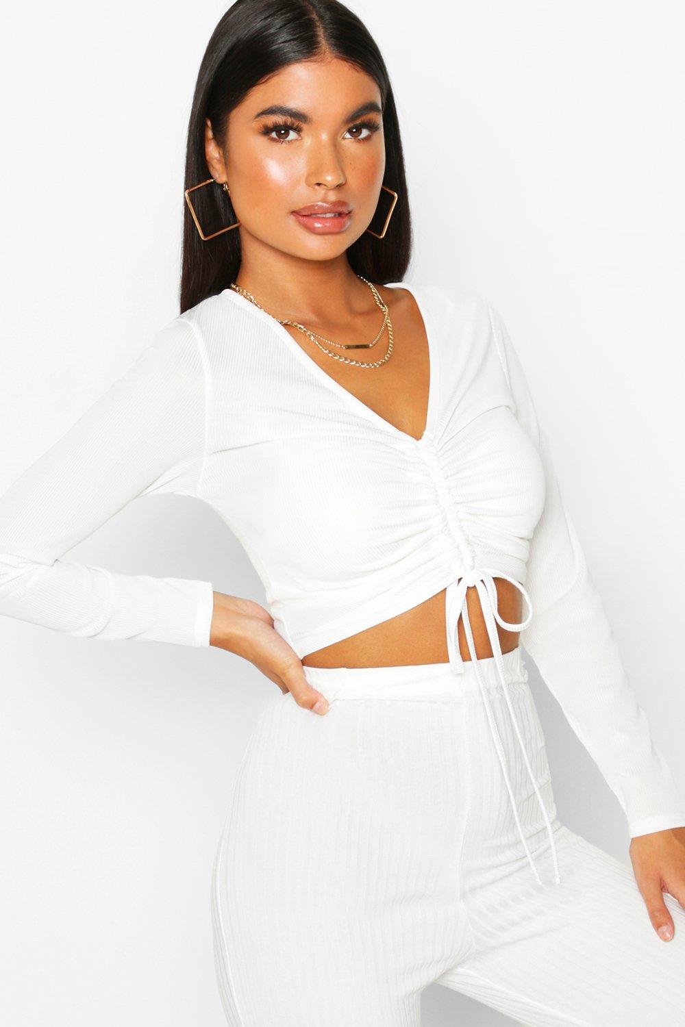 petite long sleeve ribbed ruched detail top