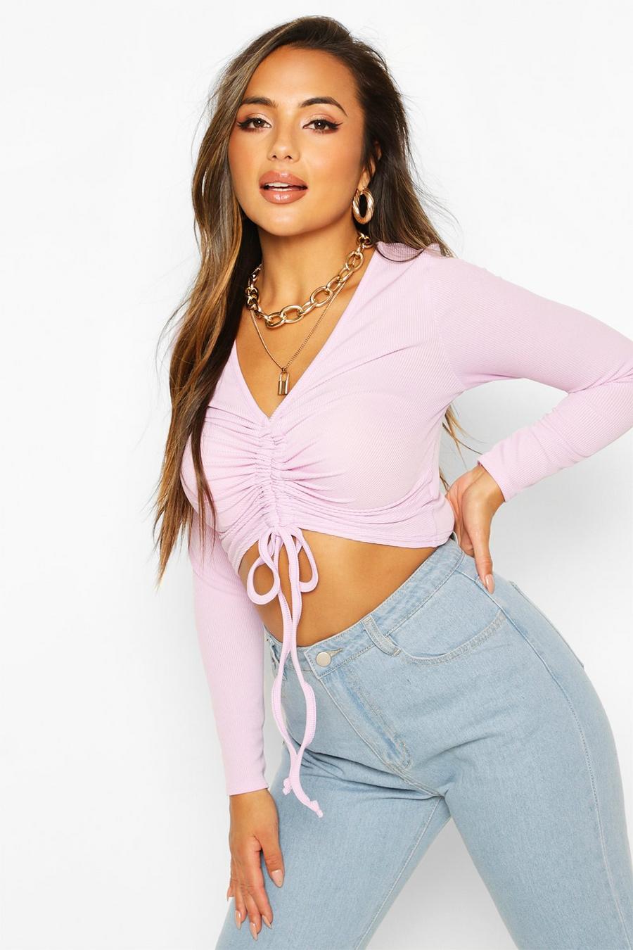 Lilac Petite Long Sleeve Ribbed Ruched Detail Top image number 1