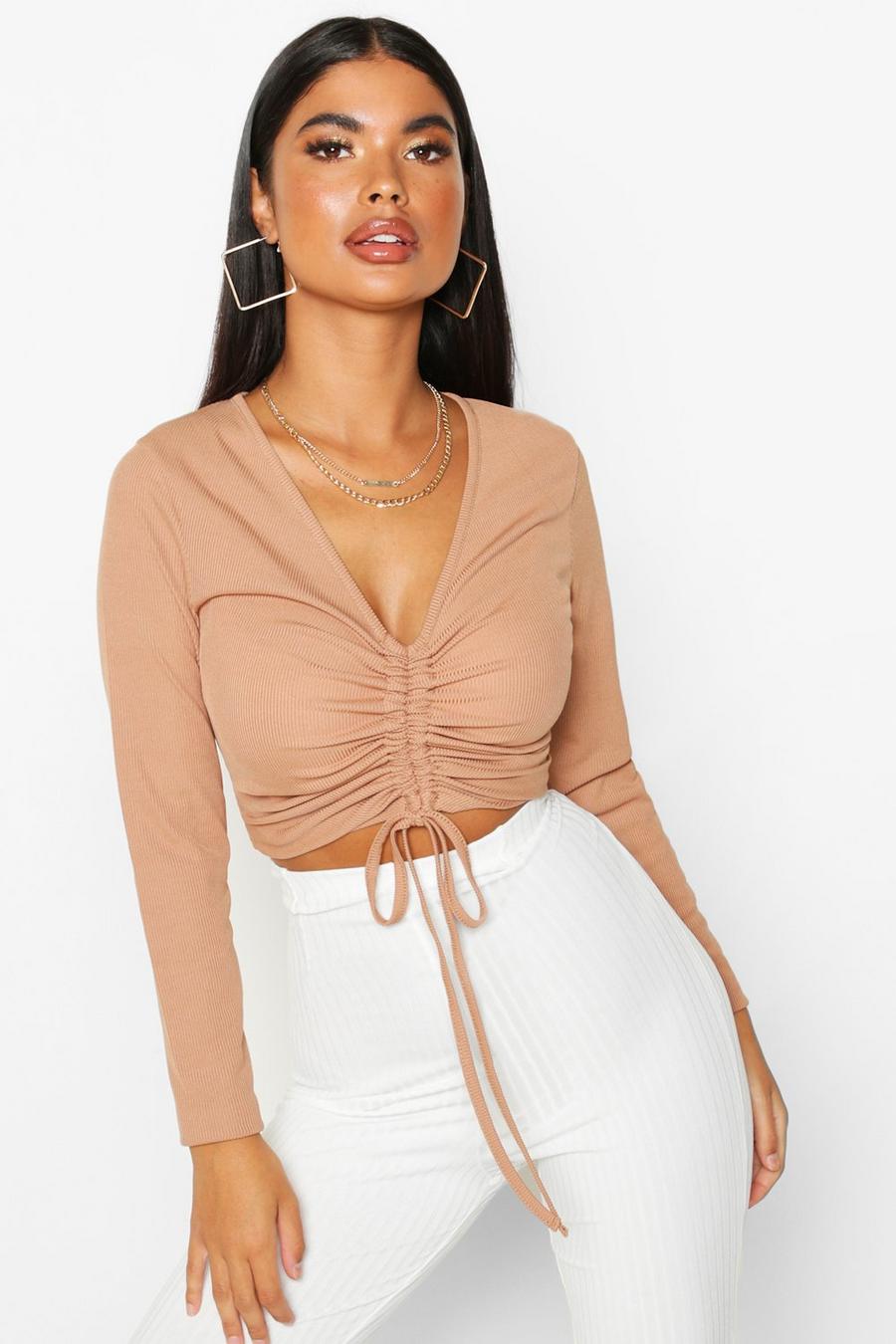 Toffee Petite Long Sleeve Ribbed Ruched Detail Top image number 1