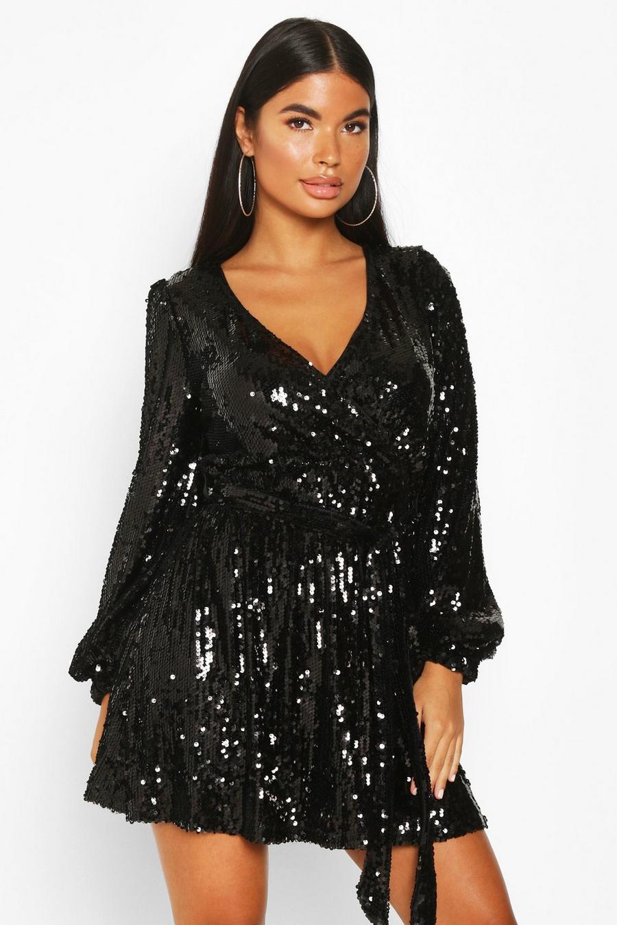 Black Petite Balloon Sleeve Wrap Sequin Mini Dress image number 1
