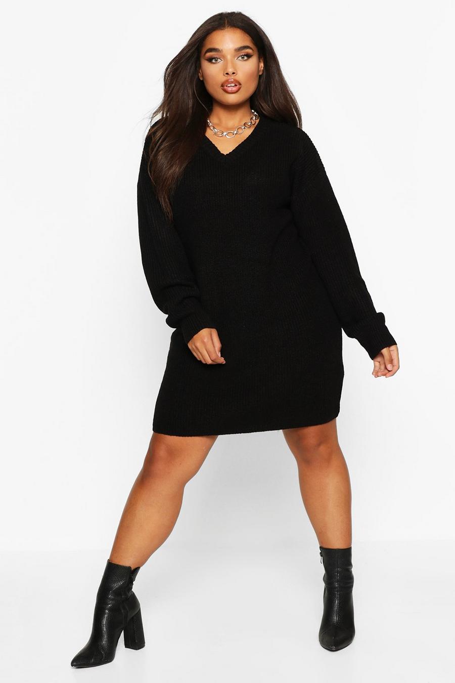 Black Plus V-Neck Knitted Jumper Dress image number 1