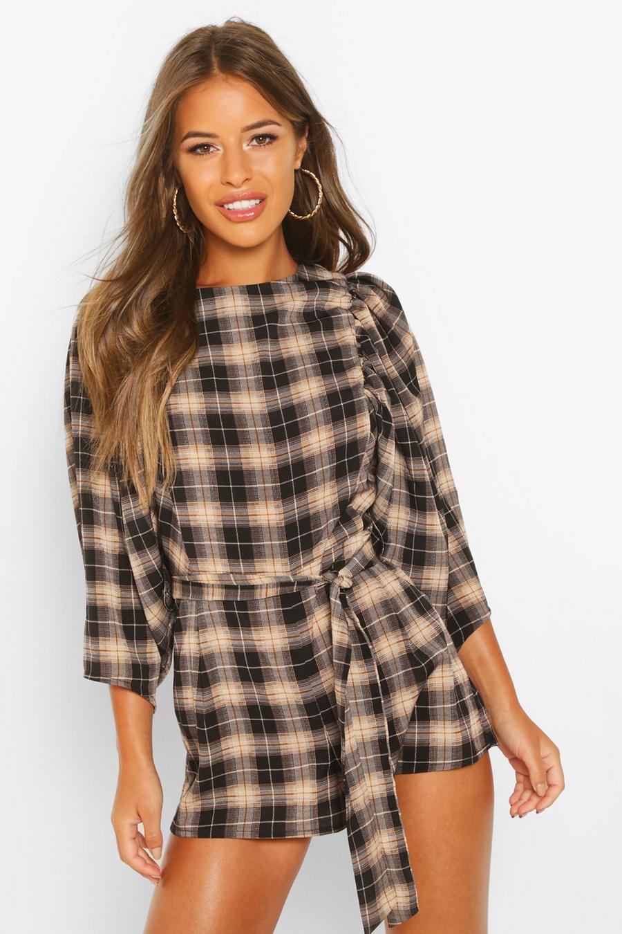 Black Petite Puff Sleeve Check Playsuit image number 1