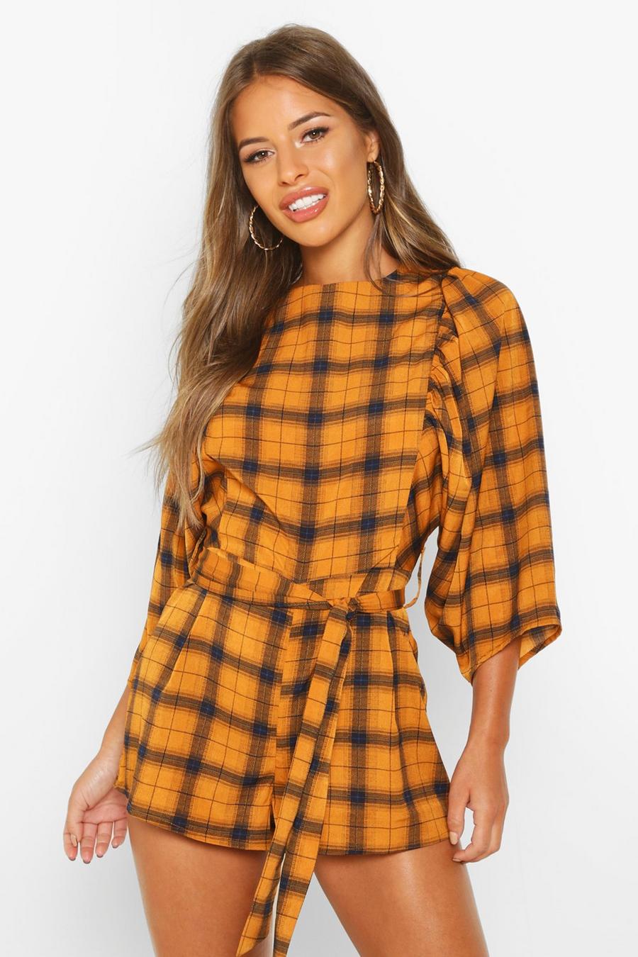 Mustard Petite Puff Sleeve Check Playsuit image number 1