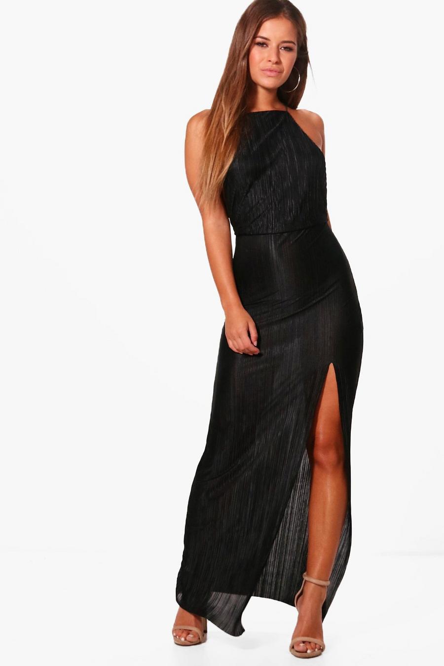 Black nero Petite Plisse Pleated Thigh Split Maxi Dress image number 1
