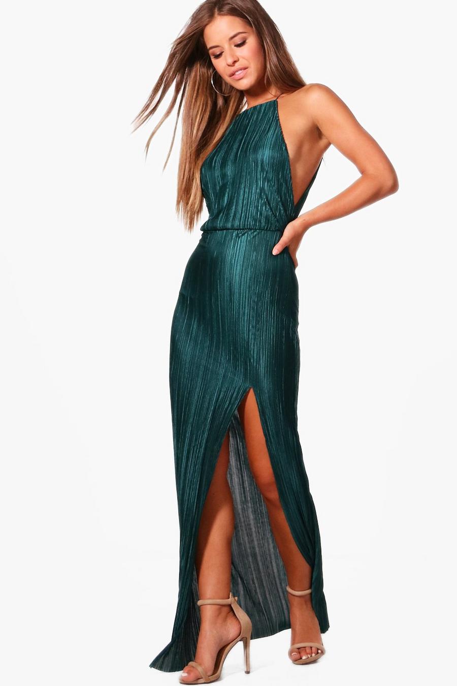 Green Petite Plisse Pleated Thigh Split Maxi Dress image number 1