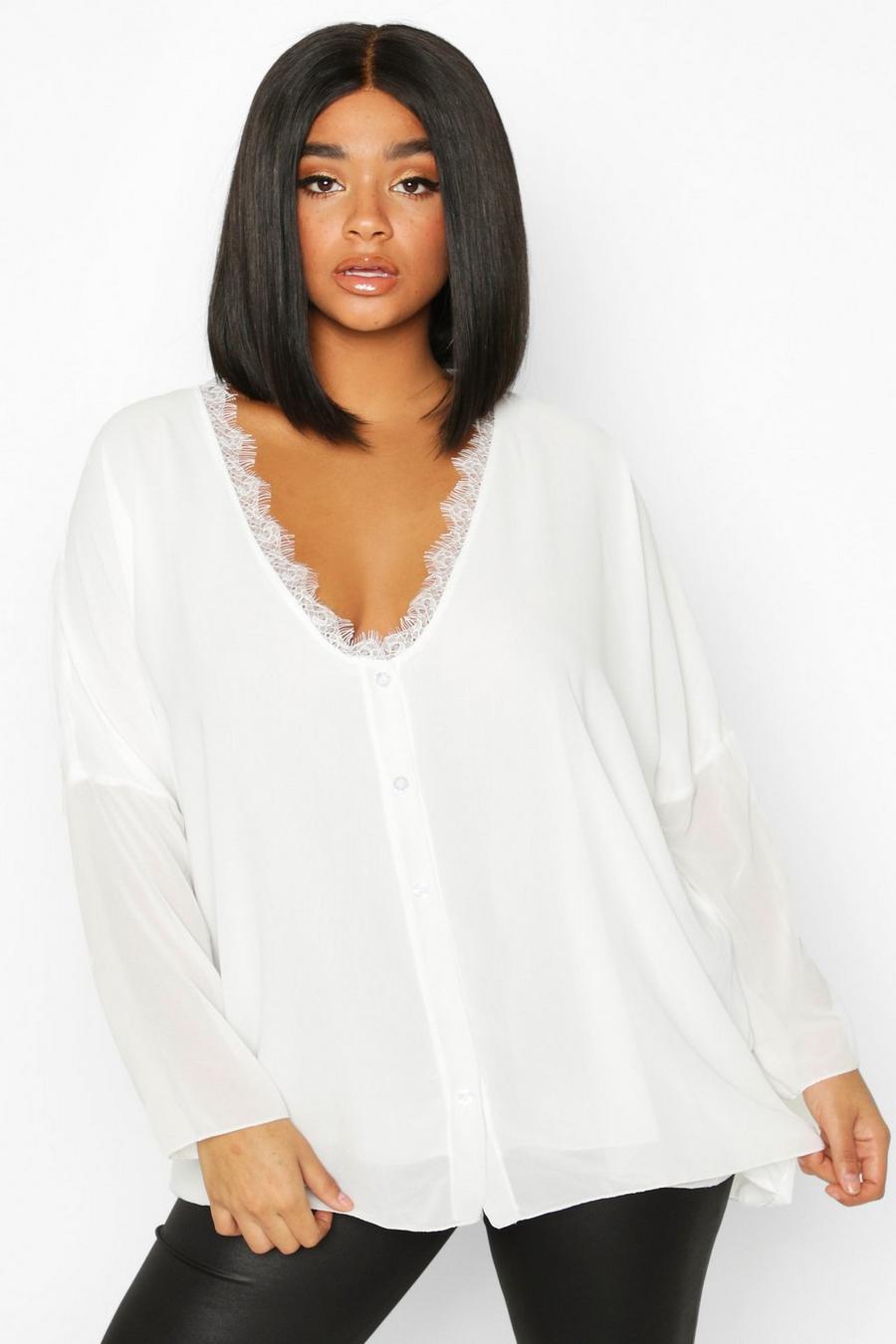 Ivory weiß Plus Lace Trim Long Sleeve Blouse