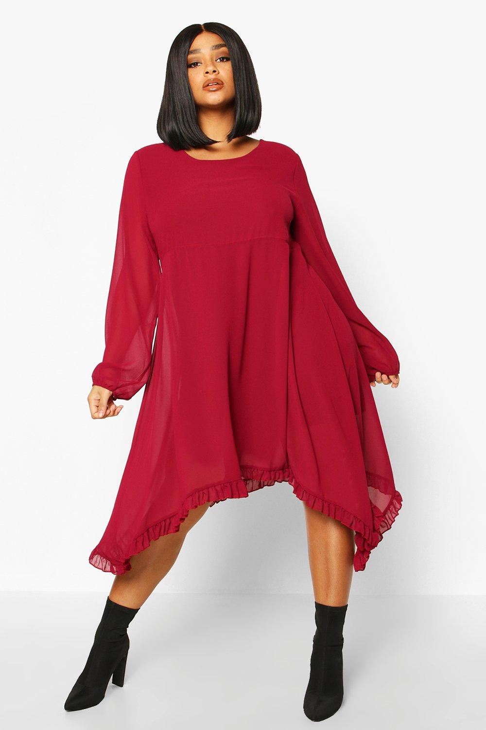 Plus Ruffle Dip Hem Long Sleeve Smock Dress boohoo