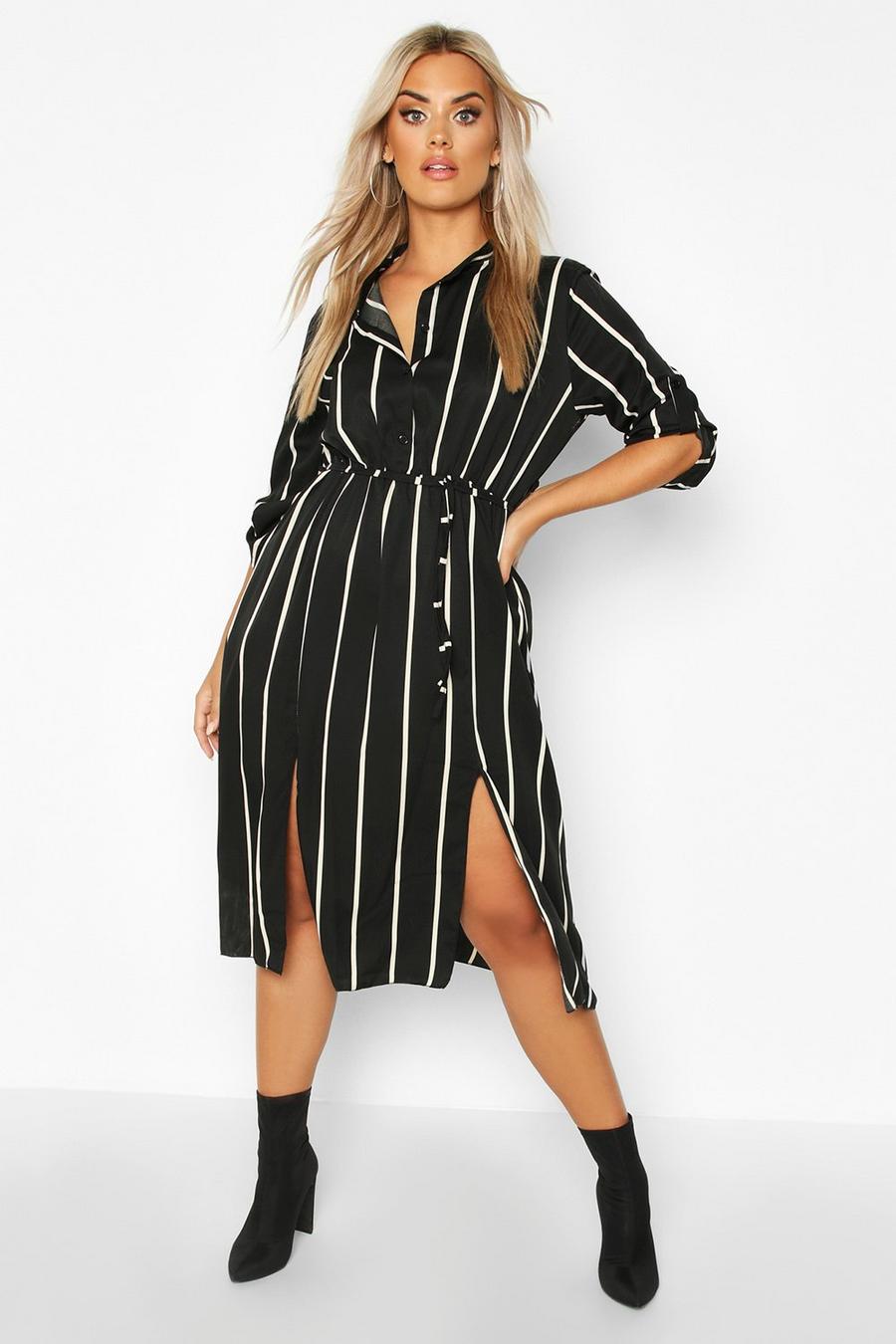 Black Plus Stripe Midi Shirt Dress image number 1