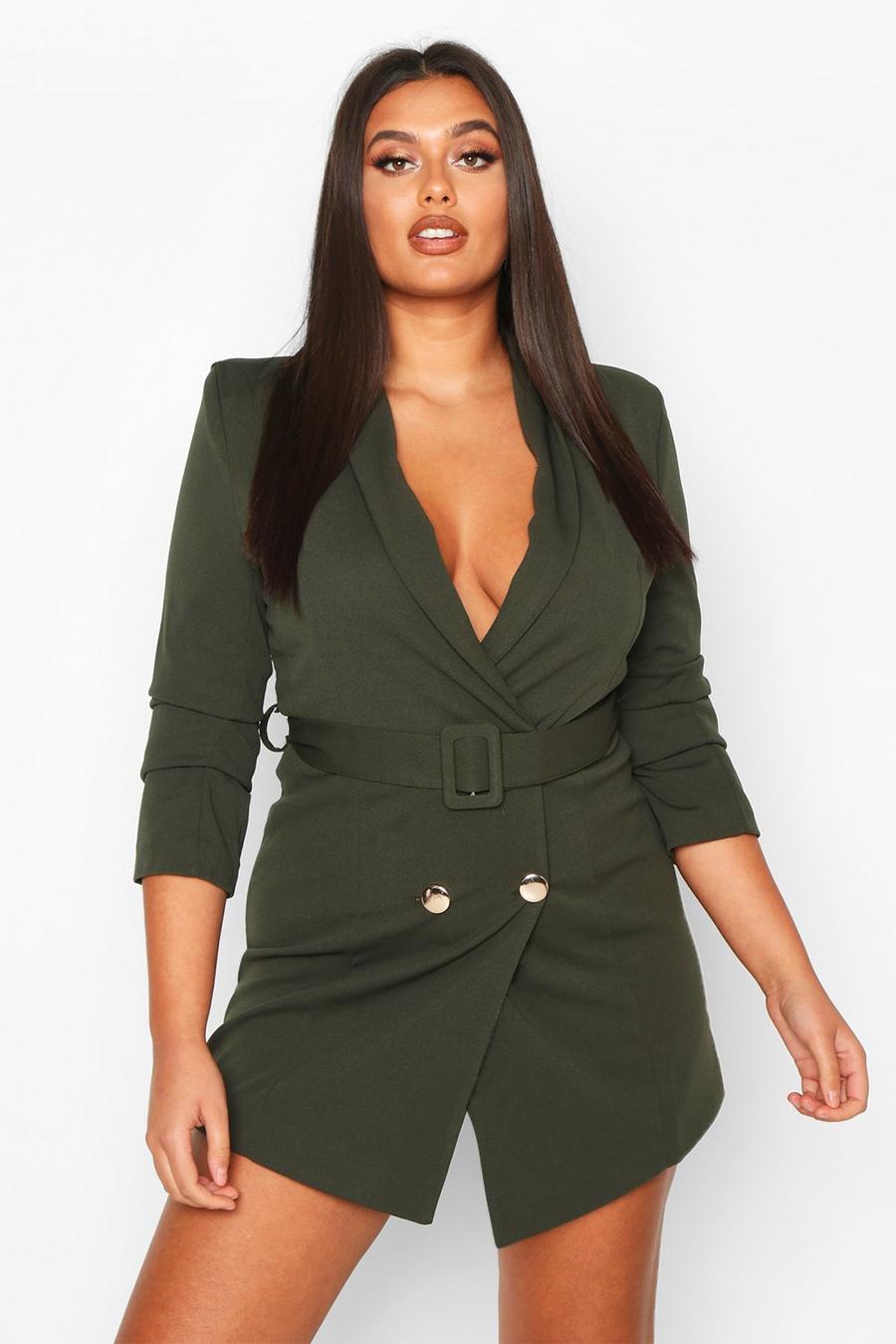 Khaki Plus Double Breasted Gold Button Blazer Dress image number 1
