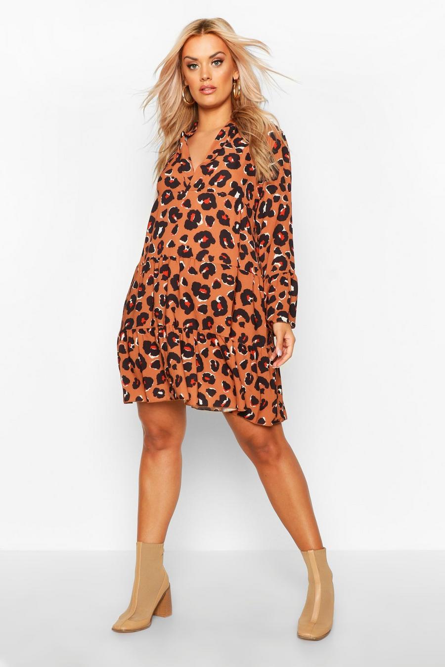 Plus Hängerchen-Kleid mit Leopardenmuster und langen Ärmeln, Braun image number 1