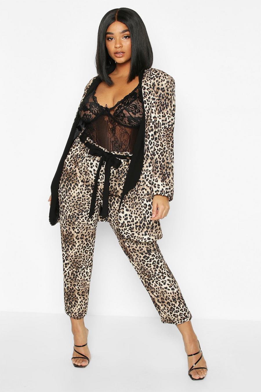 Brown Plus Leopard Print Belted Dress Pants image number 1