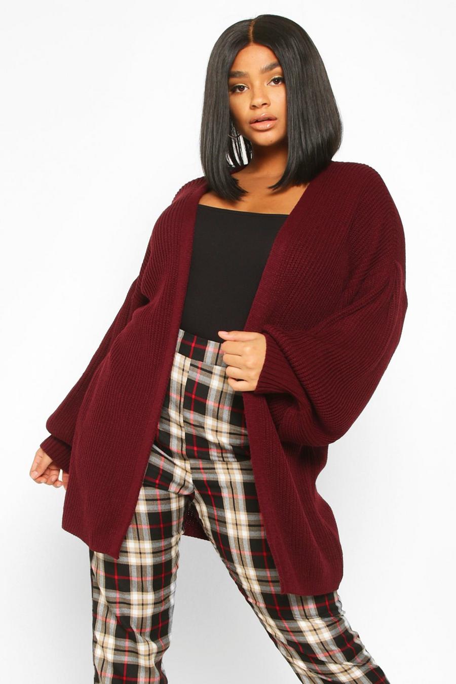 Burgundy Plus Bell Sleeve Knitted Cardigan image number 1