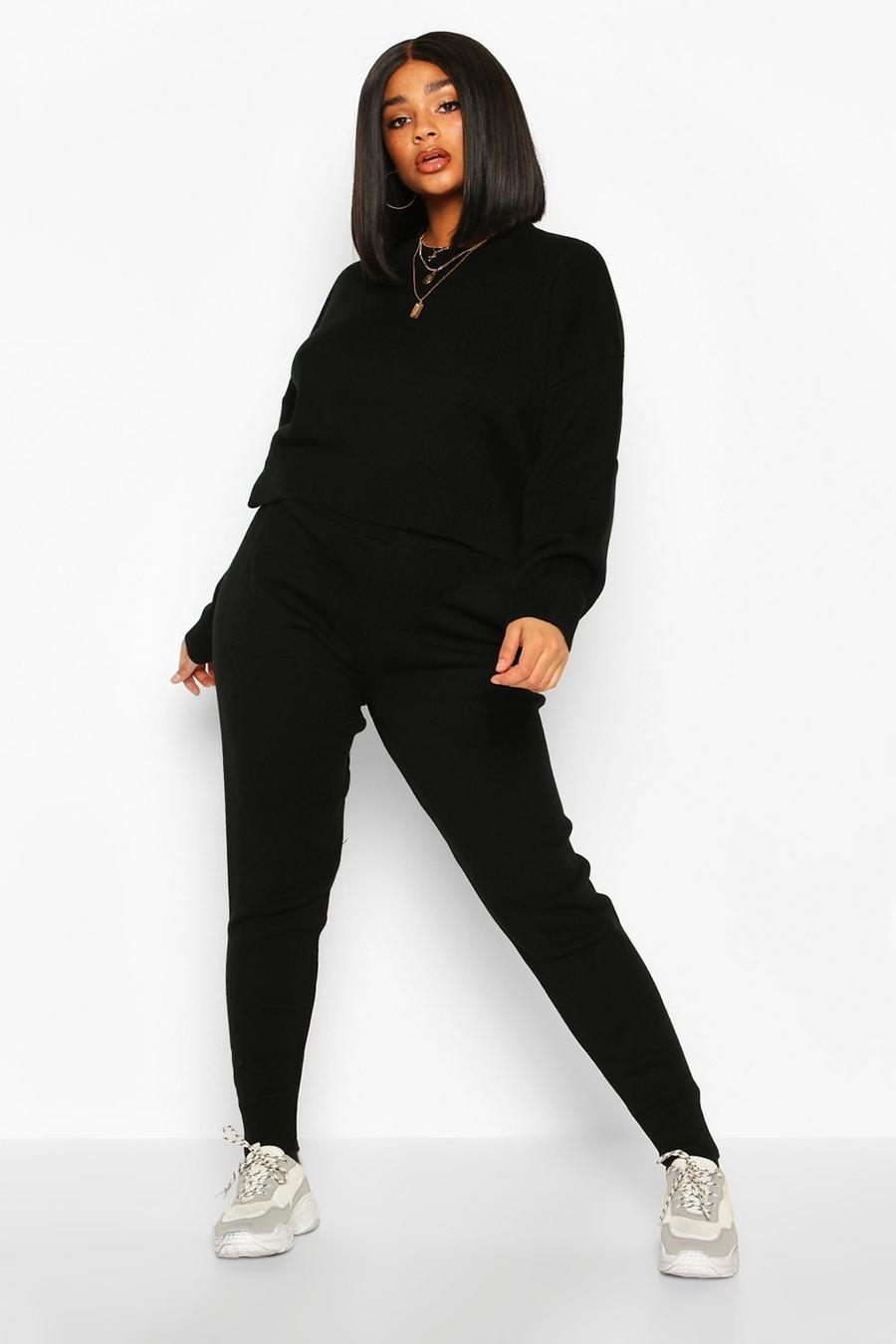 Black Plus Crew Neck Slouchy Knitted Loungewear Set image number 1