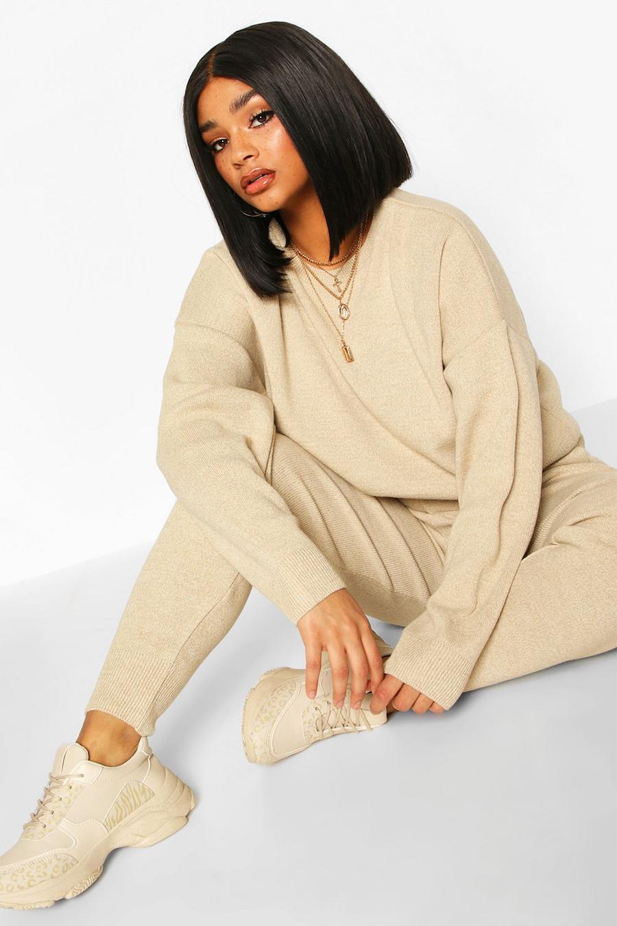 Stone Plus Crew Neck Slouchy Knitted Loungewear Set image number 1