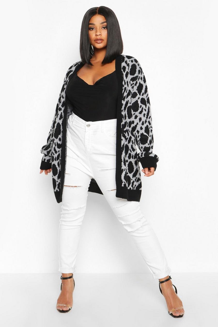 Cardigan Plus Size in jacquard con stampa animalier, Grey image number 1