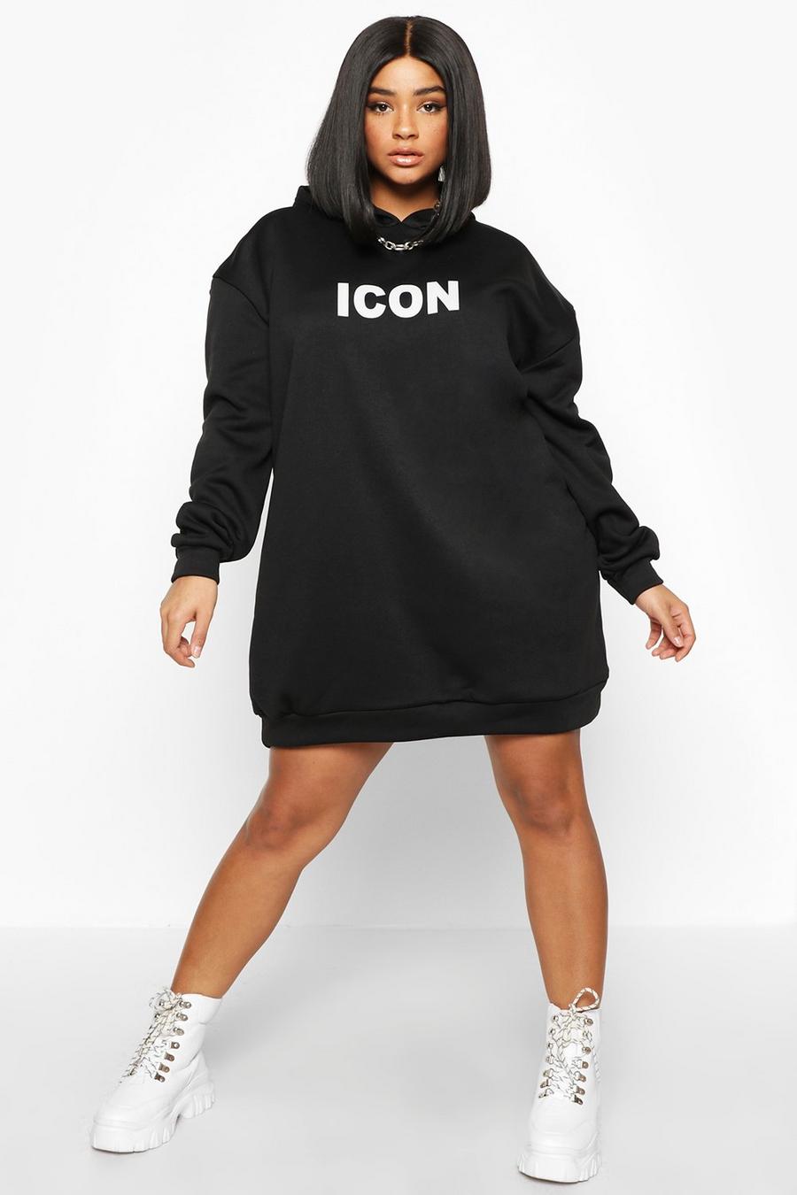 Zwart Plus Oversized 'Icon' Sweatshirt Jurk Met Capuchon image number 1