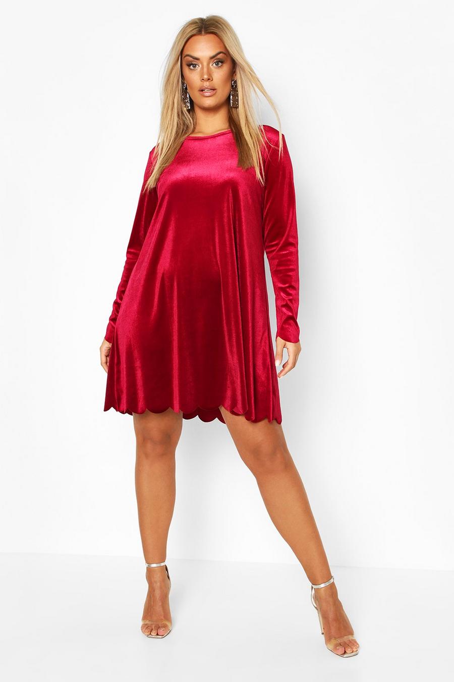 Wine Plus Scallop Edge Velvet Shift Dress image number 1