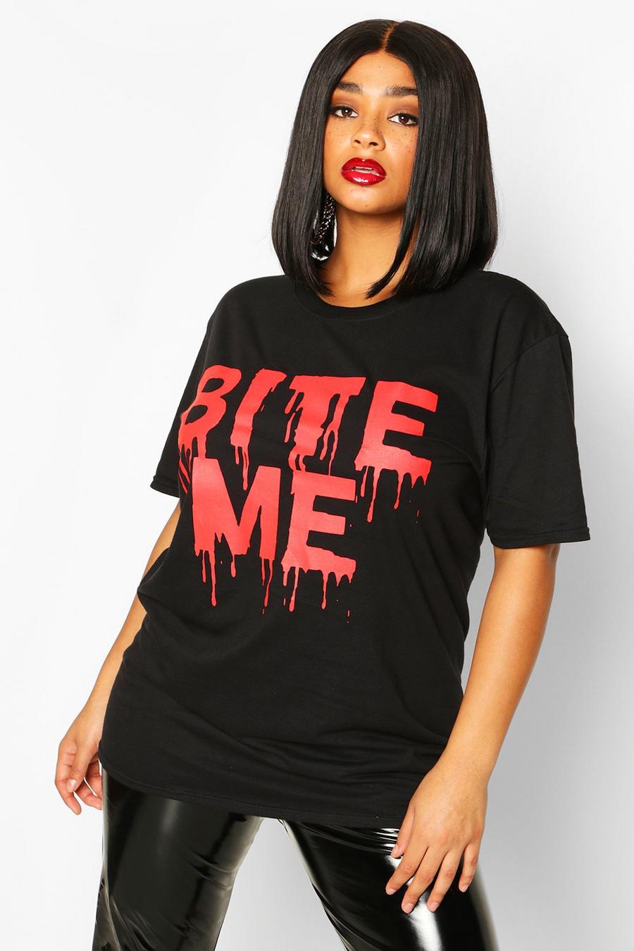 Plus Halloween T-Shirt mit 'Bite Me' Slogan, Schwarz image number 1