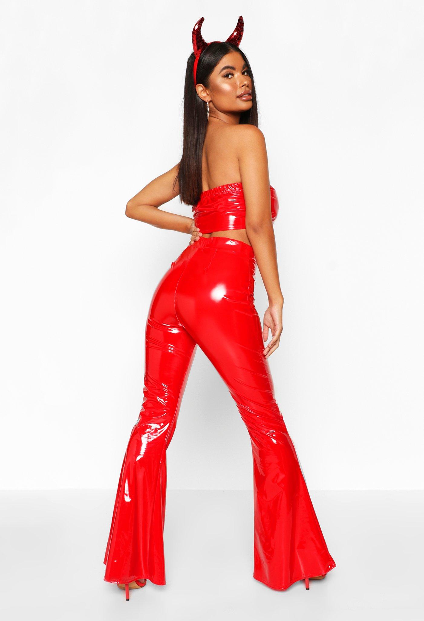 red vinyl flare pants