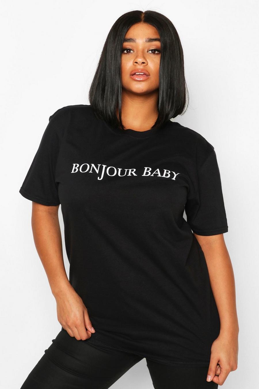 Plus Oversized T-Shirt mit „Bonjour Baby“-Schriftzug, Schwarz image number 1