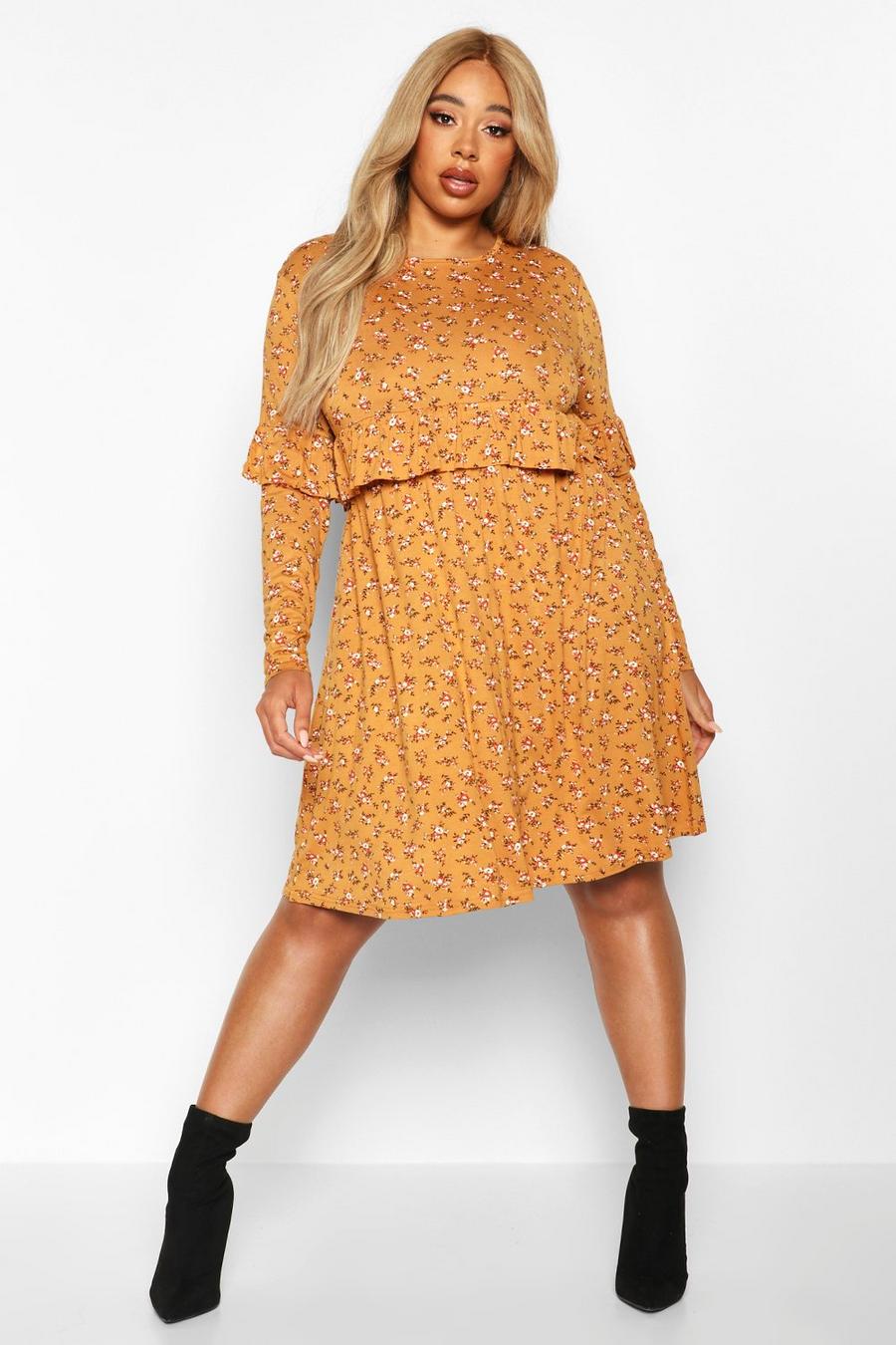 Mustard Plus Ditsy Floral Ruffle Smock Dress image number 1