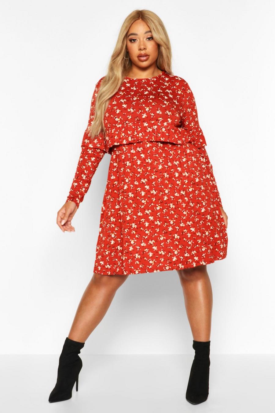 Rust Plus Ditsy Floral Ruffle Smock Dress image number 1