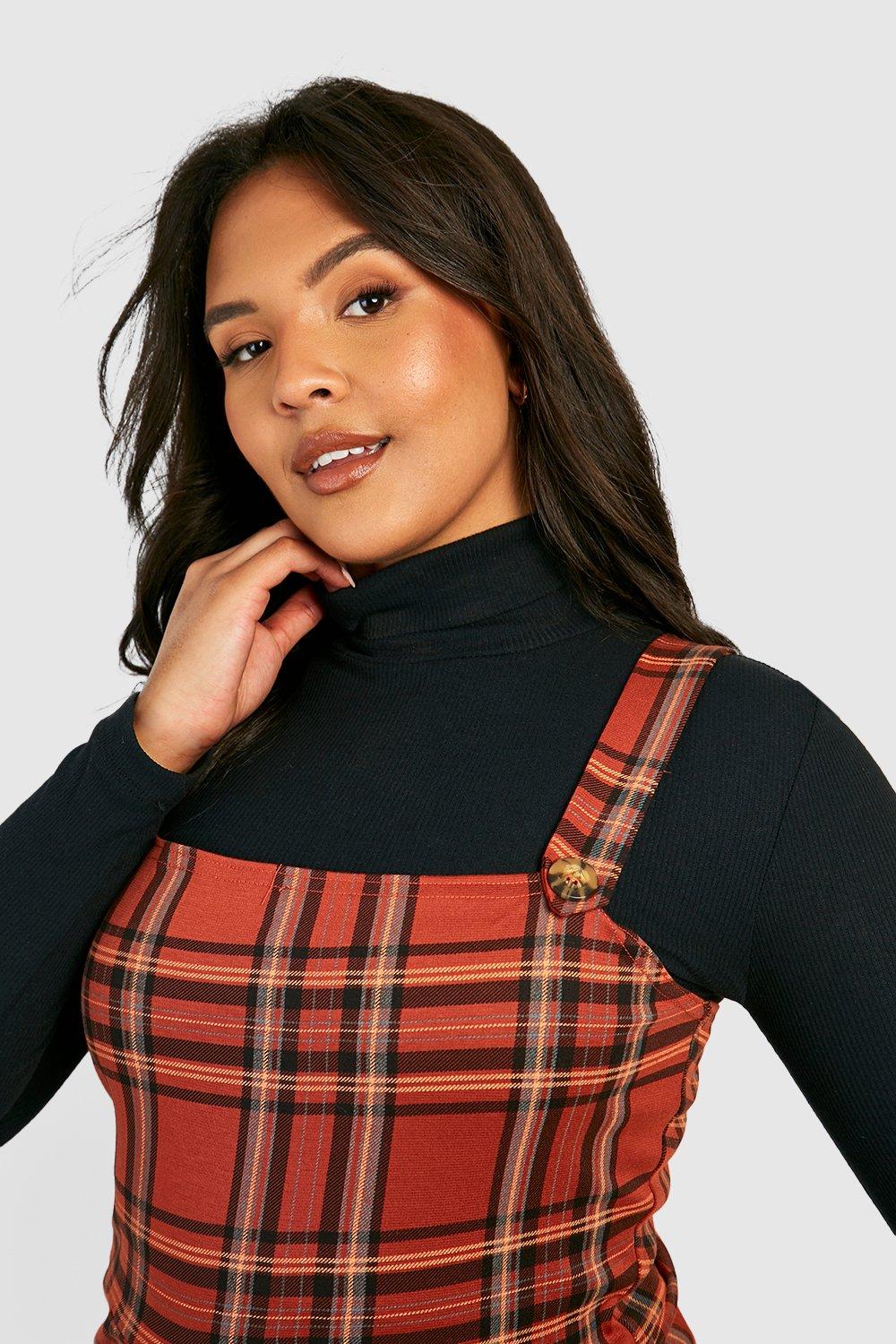 Women s Plus Check Button Detail Pinafore Dress Boohoo UK