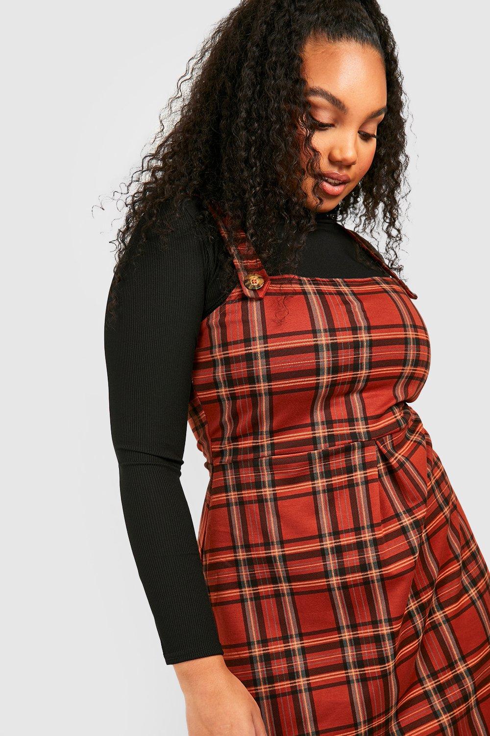 plus size checked pinafore dress