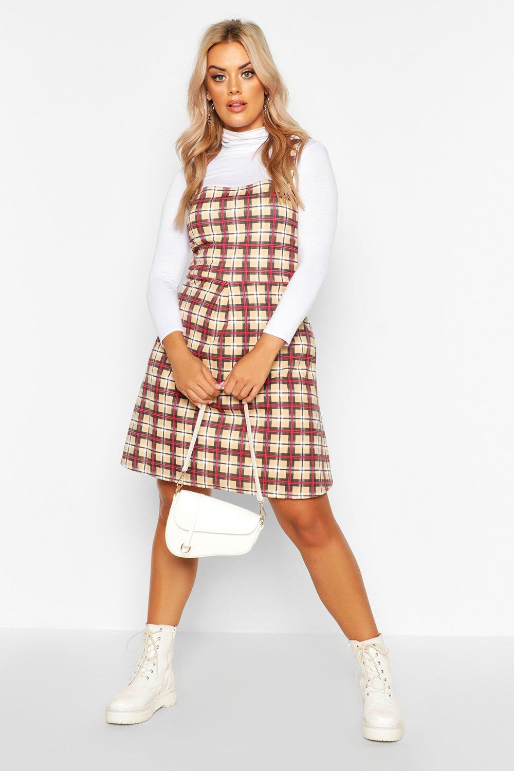 camel check pinafore dress