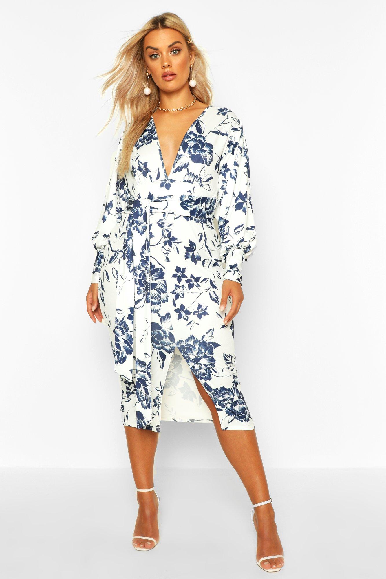 Plus Floral Print Plunge Tie Waist Midi Dress