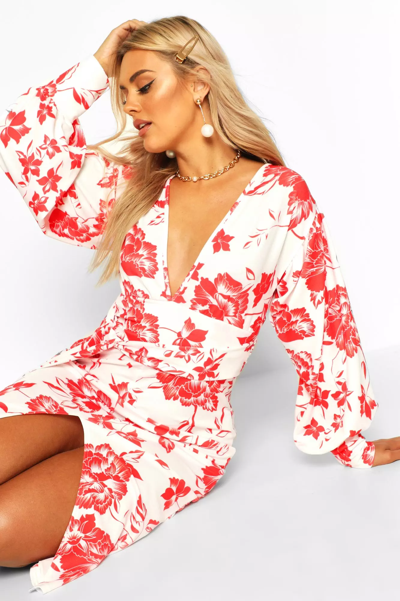 Plus Floral Print Wrap Knot Side Dress