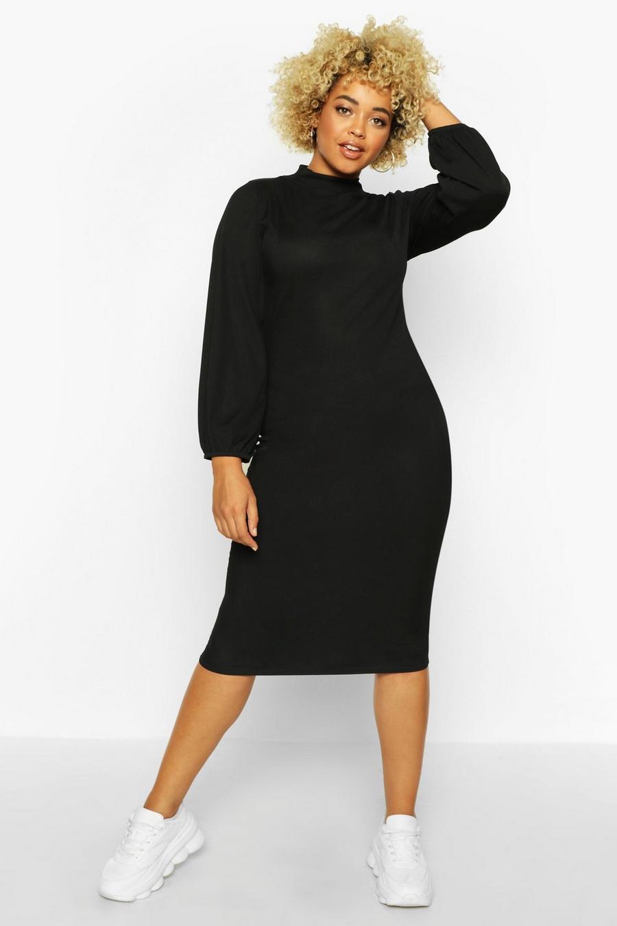 שחור שמלת מידי ארוגה עם שרוולים בסגנון בלוזון וצווארון גבוה למידות גדולות image number 1