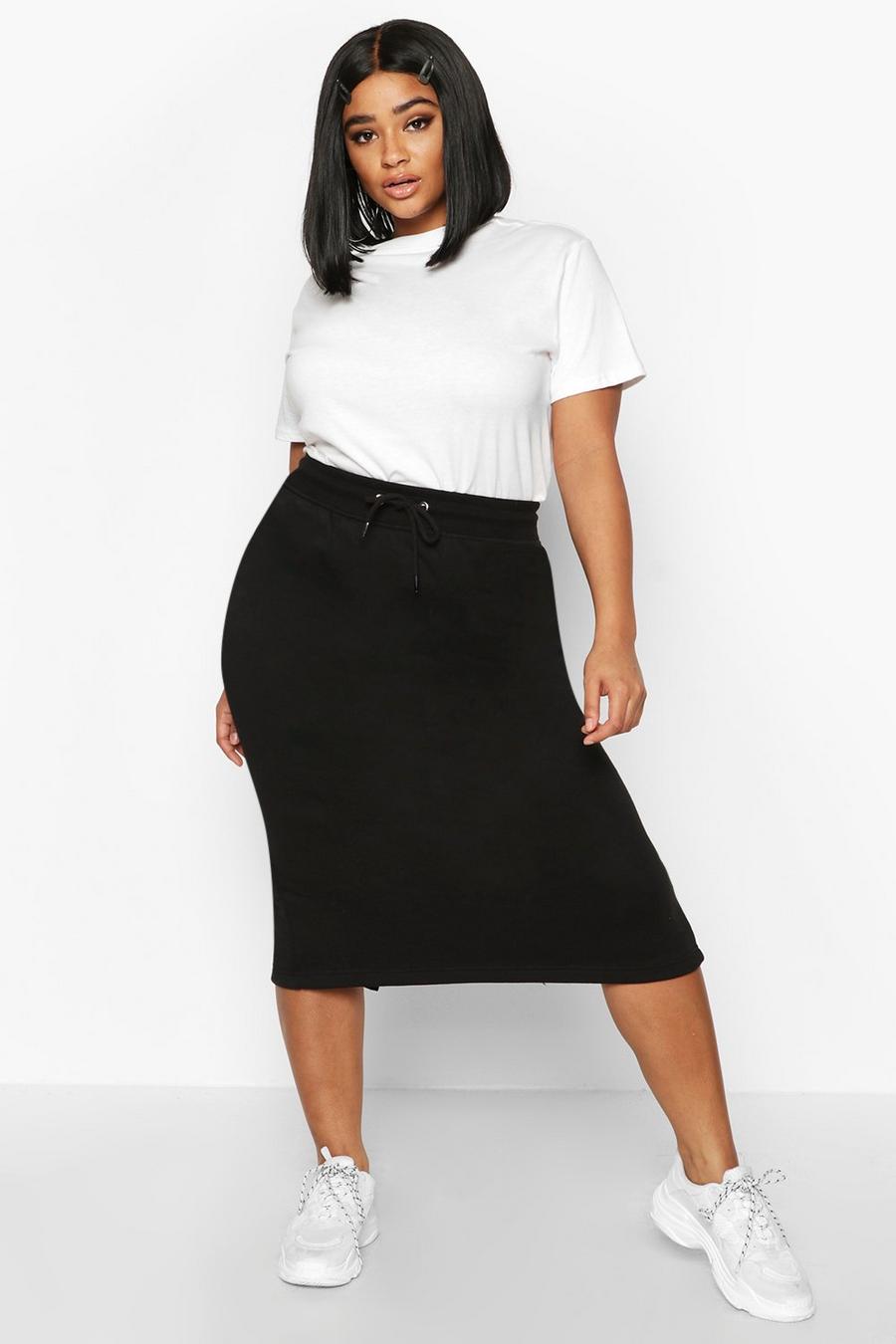 Black Plus Drawstring Waist Sweat Midi Skirt image number 1