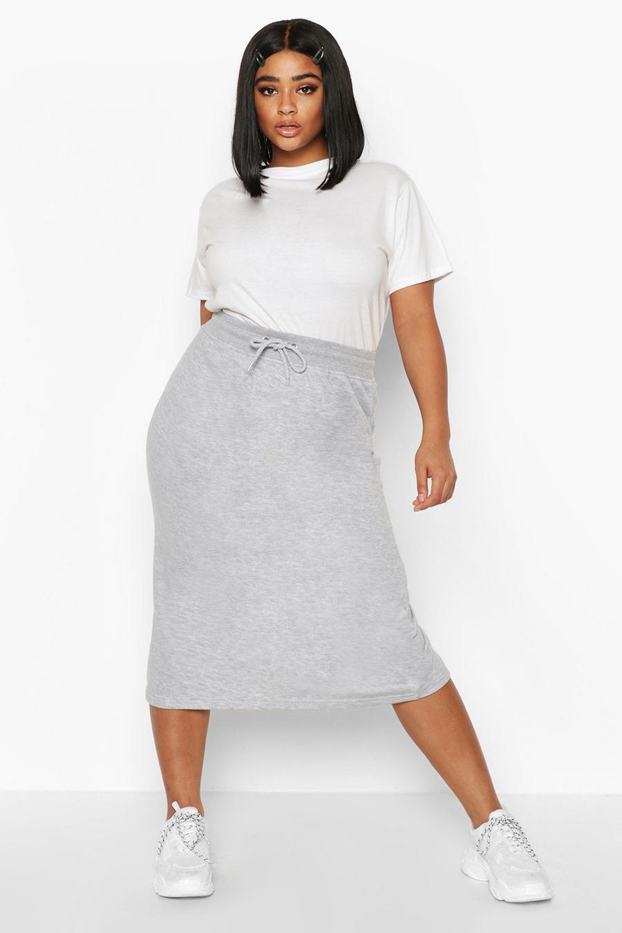 Grey Plus Drawstring Waist Sweat Midi Skirt image number 1