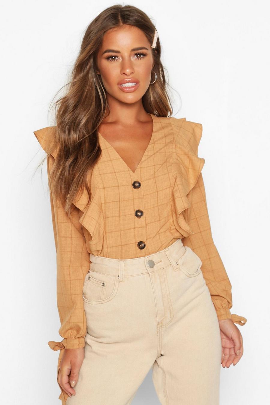 Terracotta Petite Button Up Frill Check Blouse image number 1
