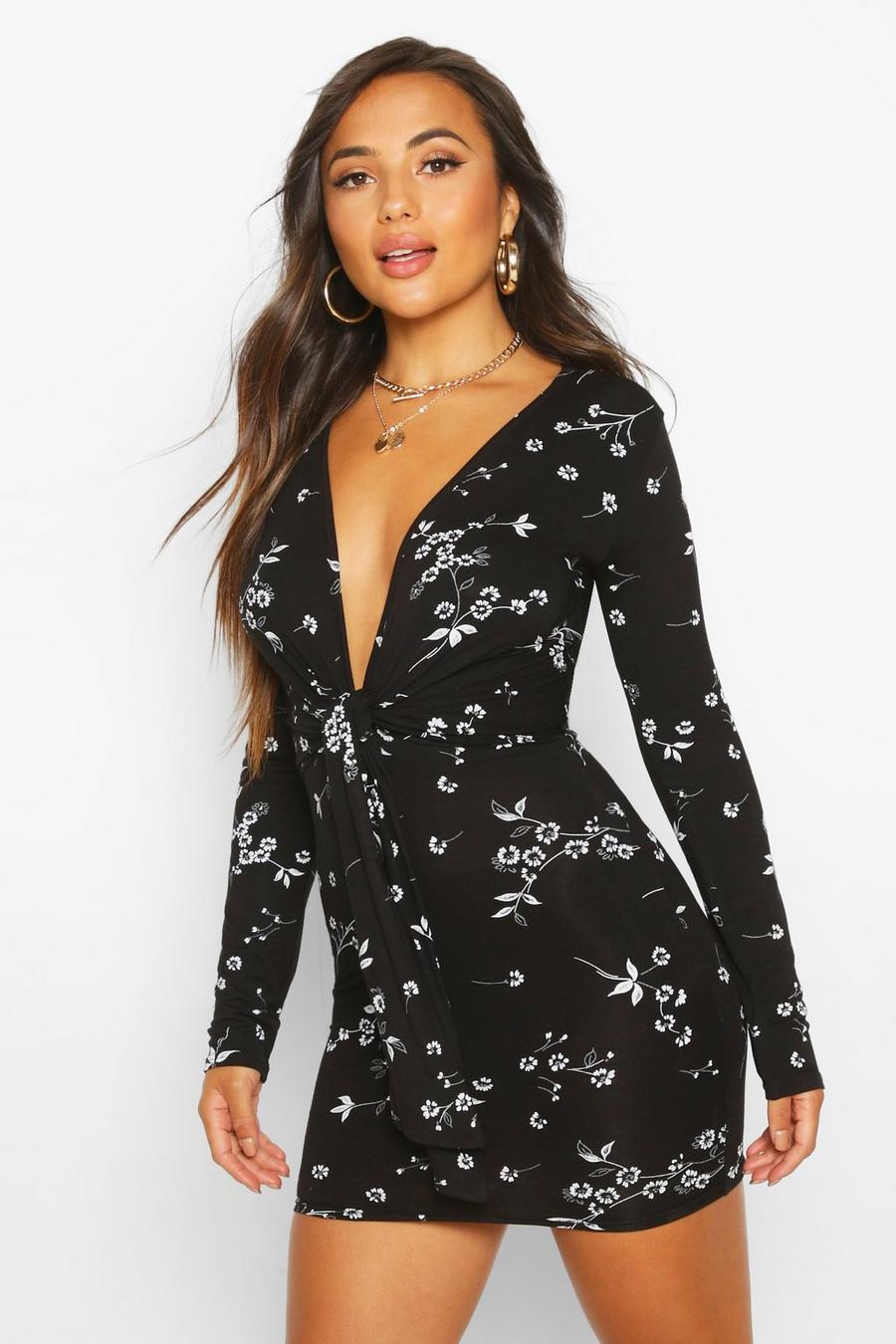 Petite Ditsy Floral Tie Detail Bodycon Dress image number 1
