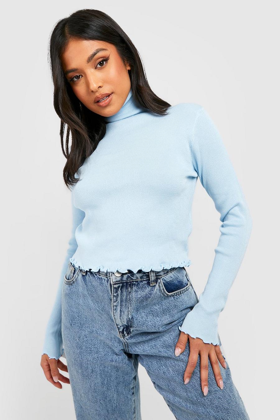 Blue Petite Knitted Rib Lettuce Hem Turtleneck Sweater