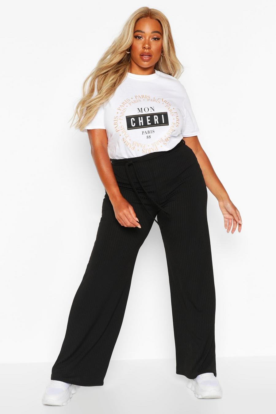 Plus Ribbed High Waisted Paperbag Pants image number 1