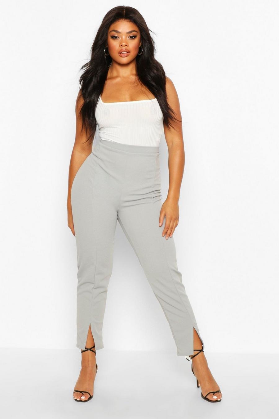 Grey Plus Seamed Front Split High Waisted Trousers image number 1