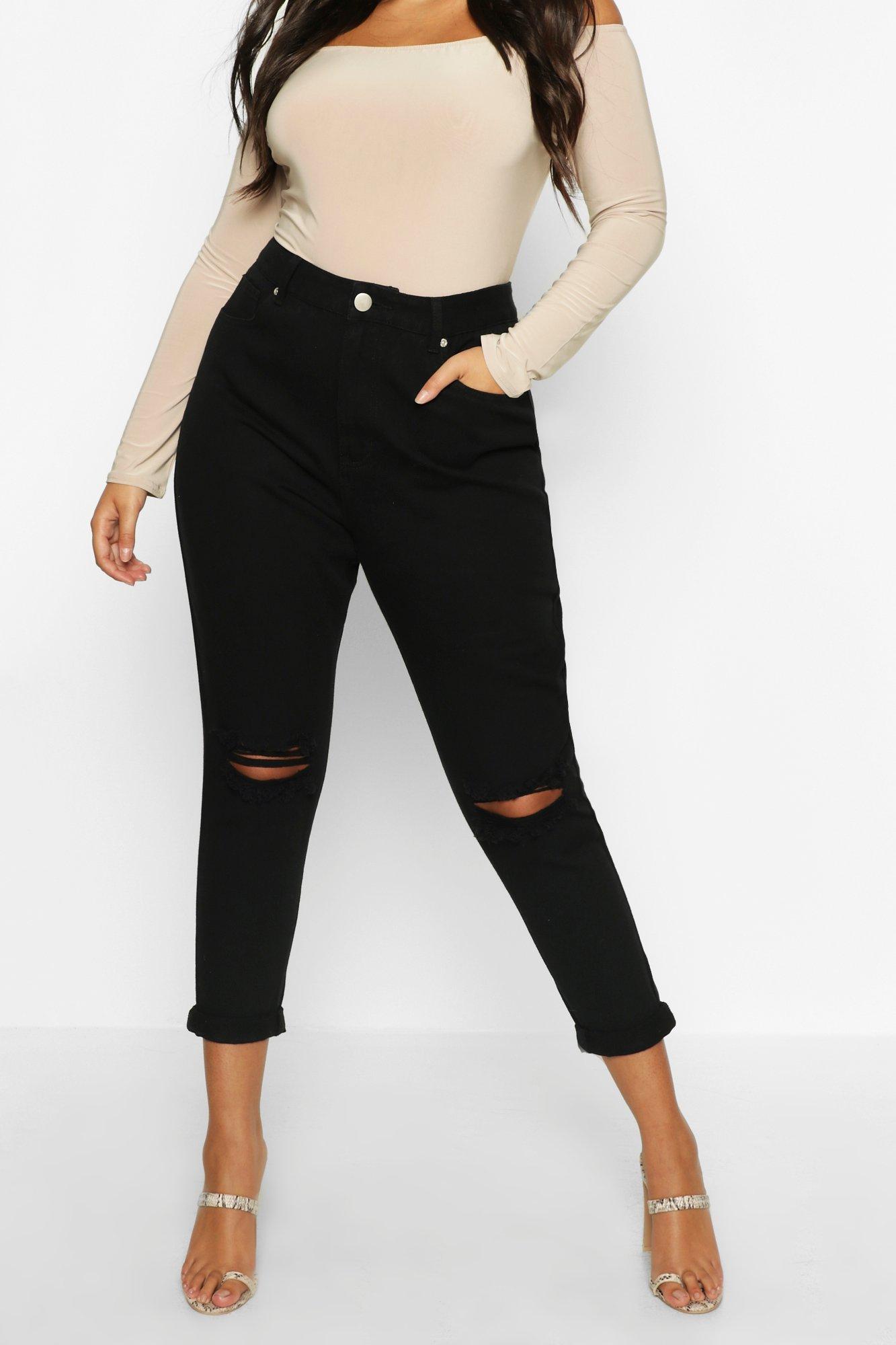 Women's Plus High Waisted Rip Knee Mom Jeans