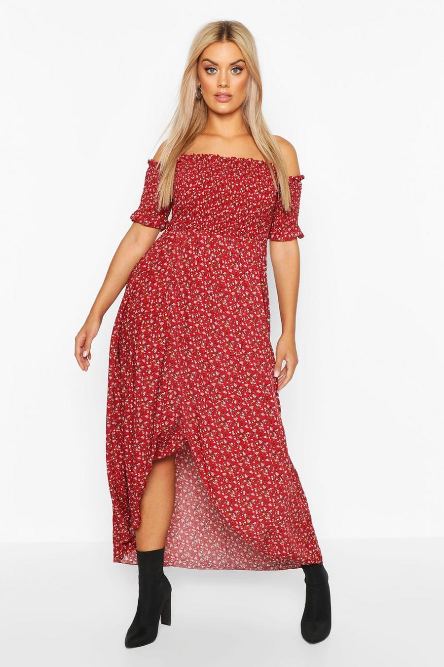 Berry rosso Plus Ditsy Off Shoulder Maxi Dress