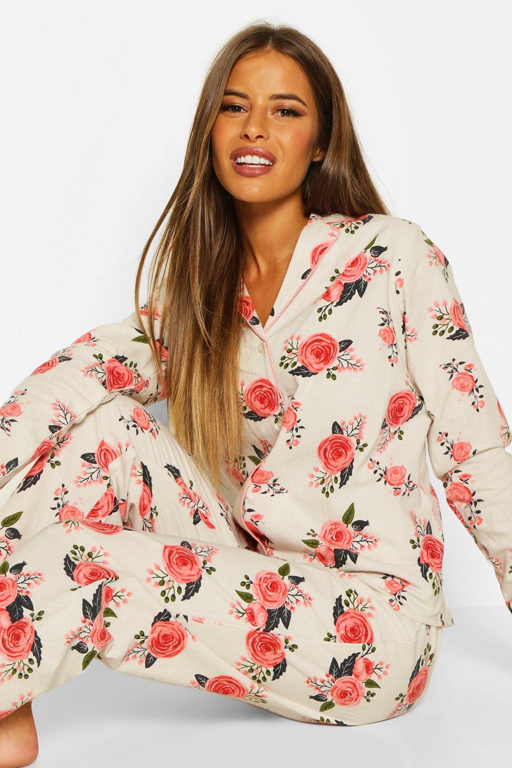 Petite Rose Floral Print Flannel PJ Set