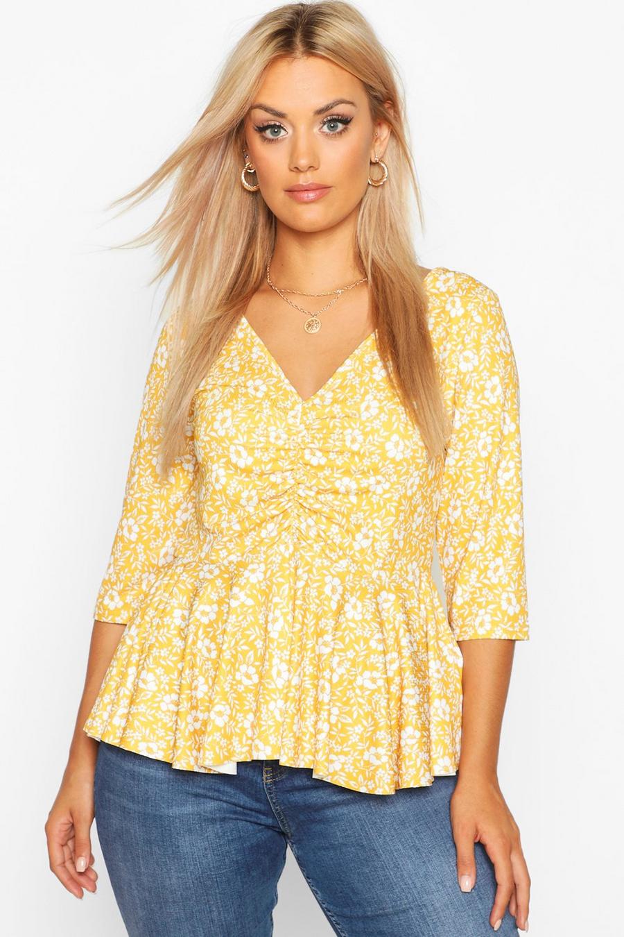 Mustard Plus Floral Ruched Front Peplum Top image number 1