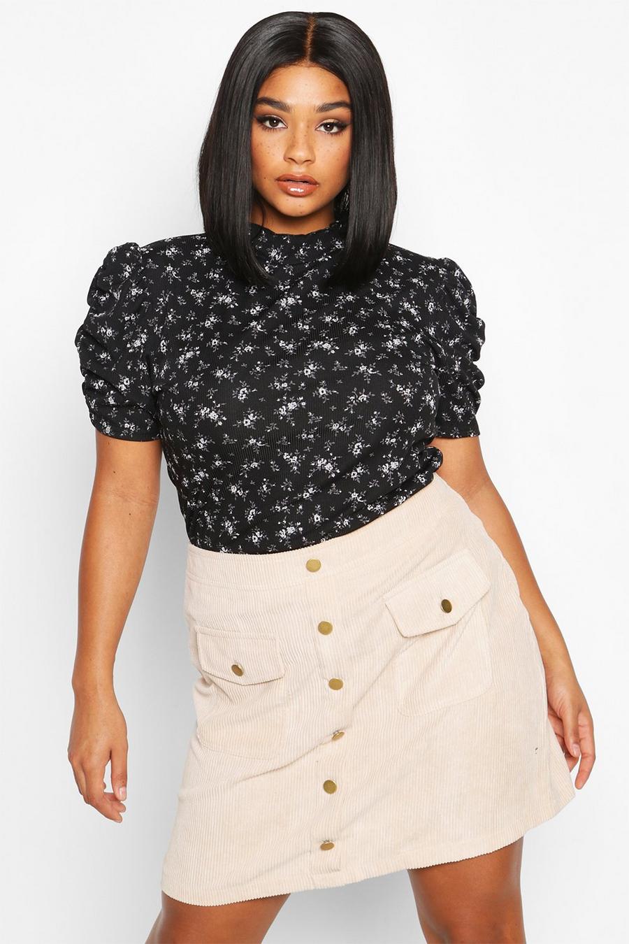 Plus Ditsy Floral Puff Sleeve High Neck Top image number 1