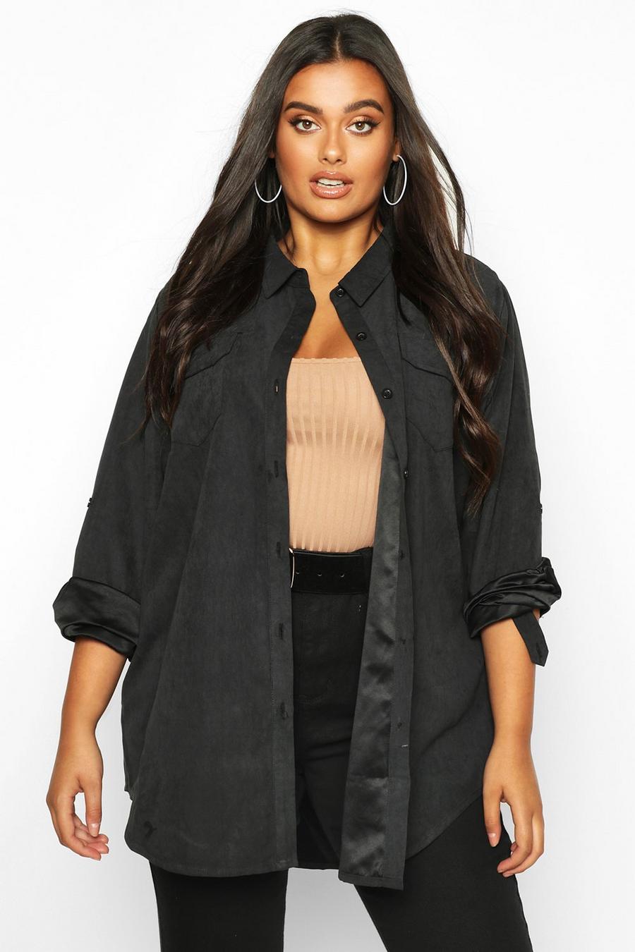 Black Plus - Oversize skjorta i mockaimitation med dekorativ ficka image number 1