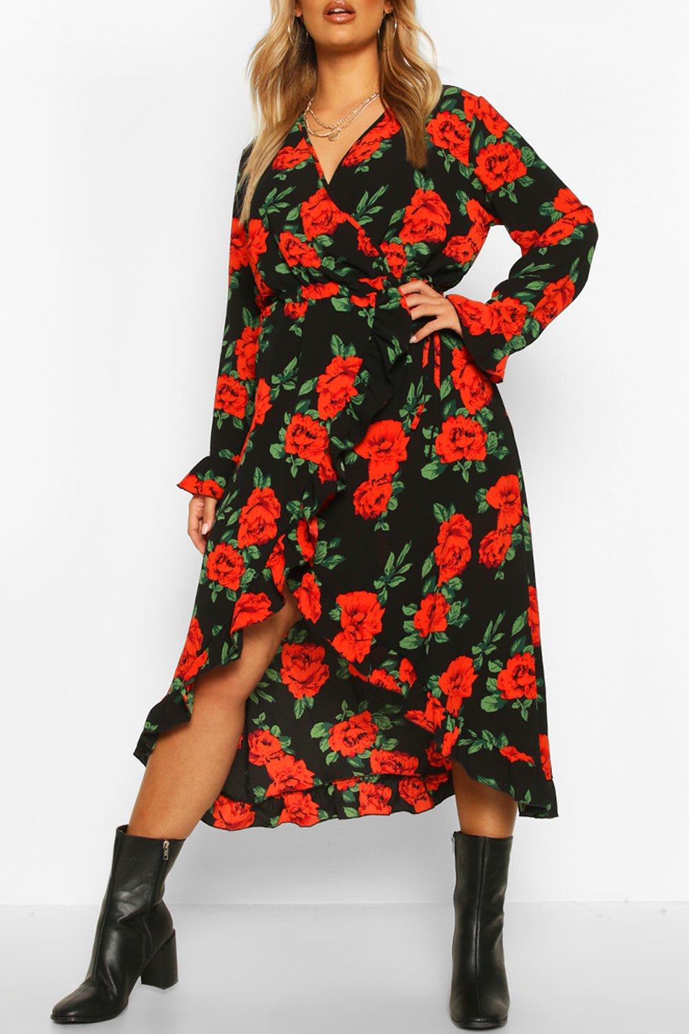 boohoo ruffle wrap midi dress in floral