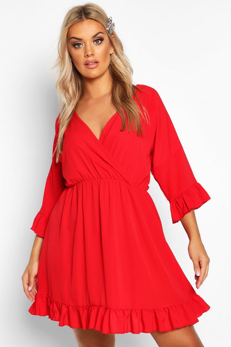 Red Plus Ruffle Sleeve Wrap Front Skater Dress image number 1