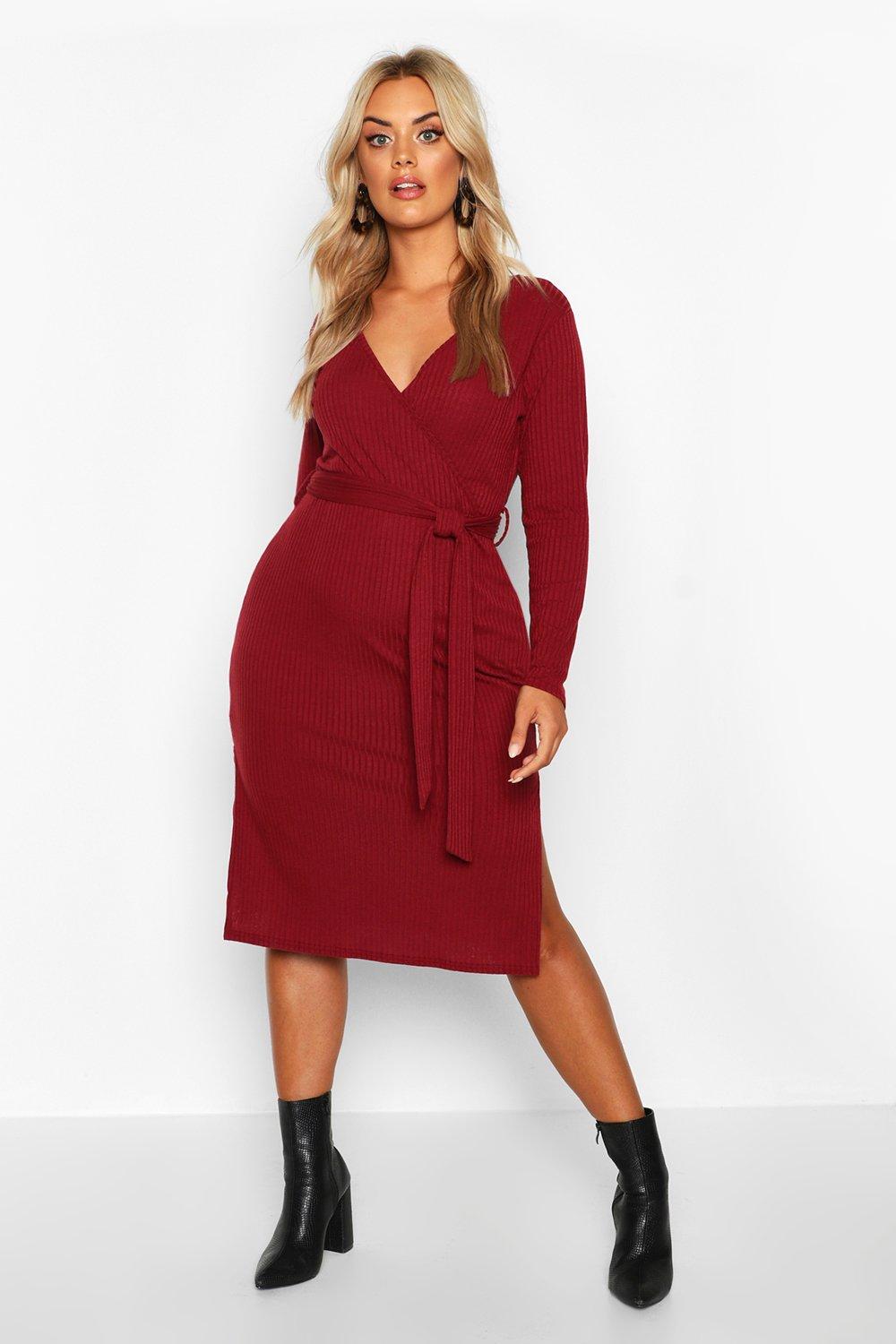 ribbed wrap midi dress