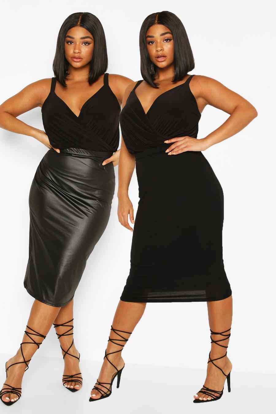 Black Plus 2 Pack Faux Leather And Jersey Knit Midi Skirt image number 1
